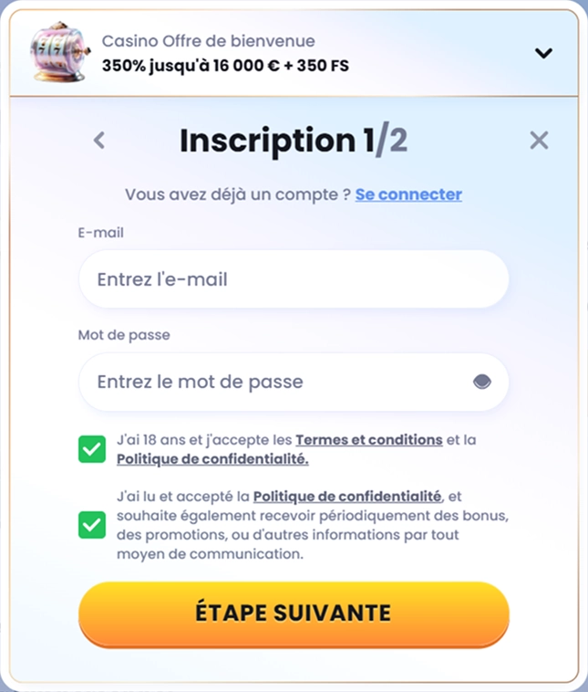 CasinoLab inscription page with email and password fields