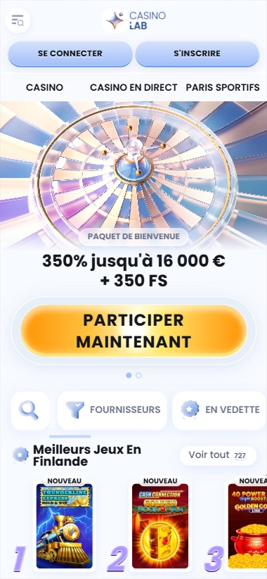 CasinoLab bannière promotionnelle : 350% jusqu'à 16 000 € + 350 FS