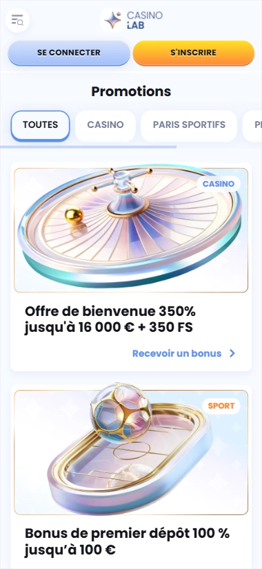 CasinoLab offre de bienvenue 350% jusqu'à 16 000 € + 350 FS