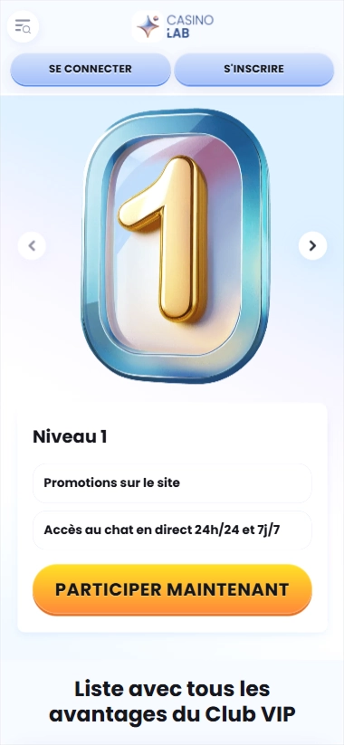 Casino Lab : niveau 1 avec promotions et chat en direct