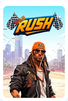 Wild Rush jeu de course automobile avec personnage stylé et ville en arrière-plan
