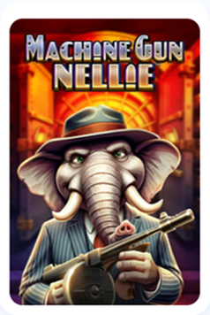 Éléphant en costume tenant une mitraillette, jeu de machine à sous Machine Gun Nellie